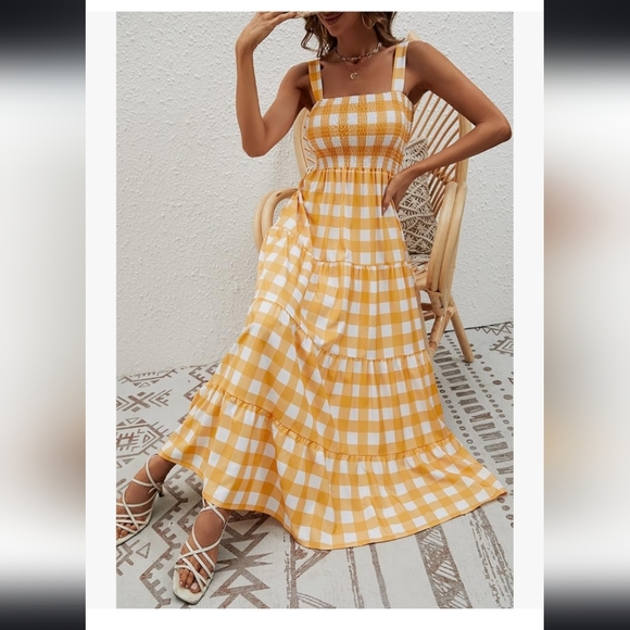 Women's yellow gingham summer boho flowy long dress Sz Large - Picture 3 of 8